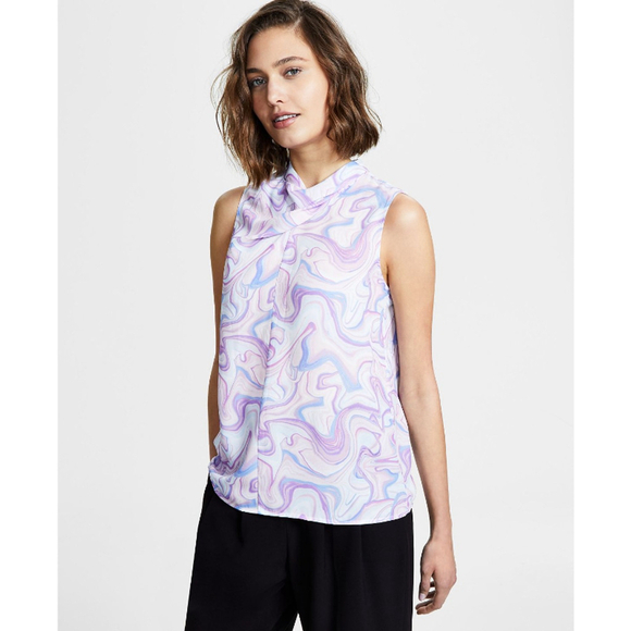 Bar III Women's XXS Purple & White Marble Print Cowl Neck Sleeveless Blouse NWT - Picture 1 of 6